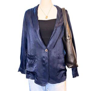 Raquel Allegra Drapey Navy Blue Rayon Blazer Jacket Size 0 NWOT